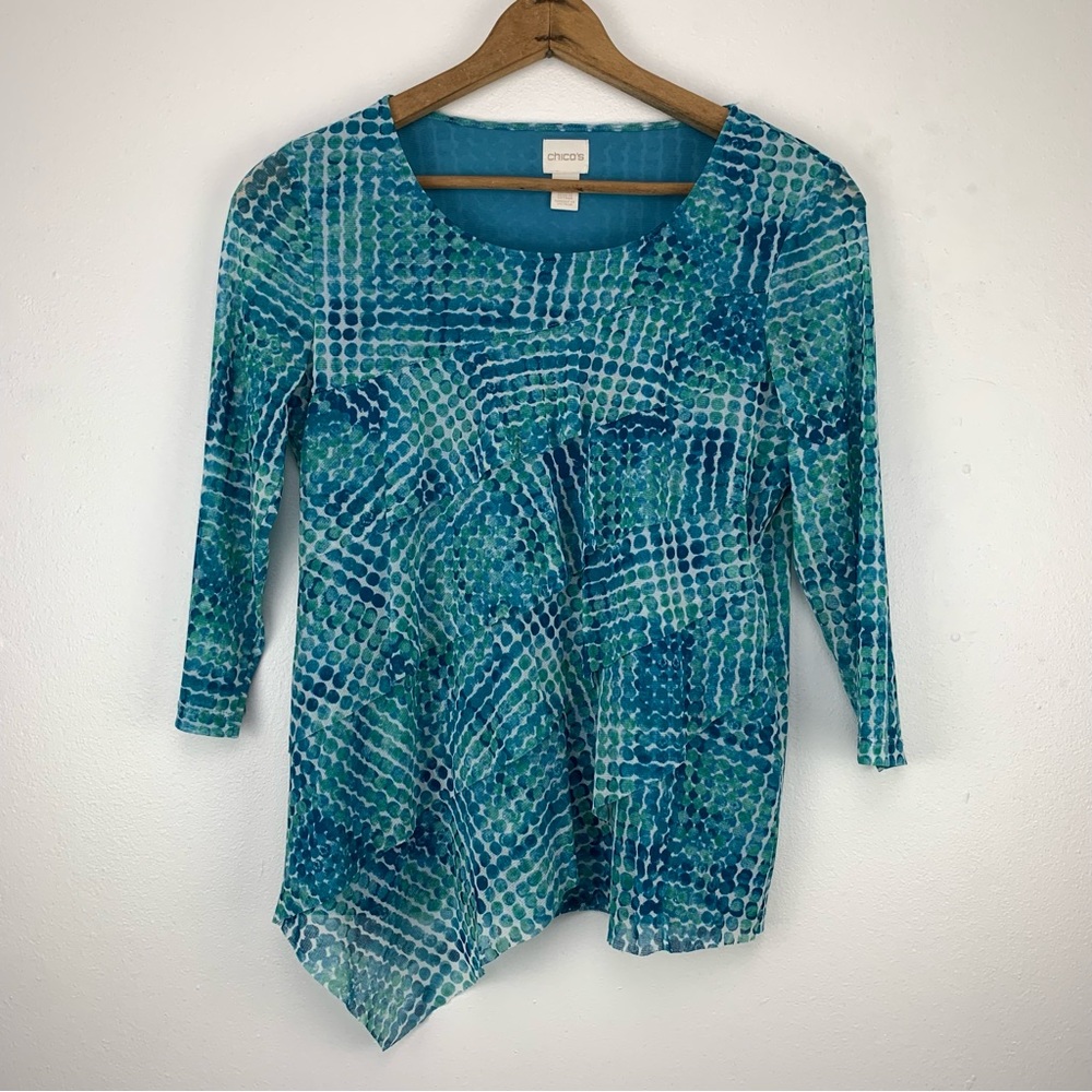 Chicos Womens Asymmetrical Hem Blouse Size 0 3/4 Sleeve Sheer Lined Blue White